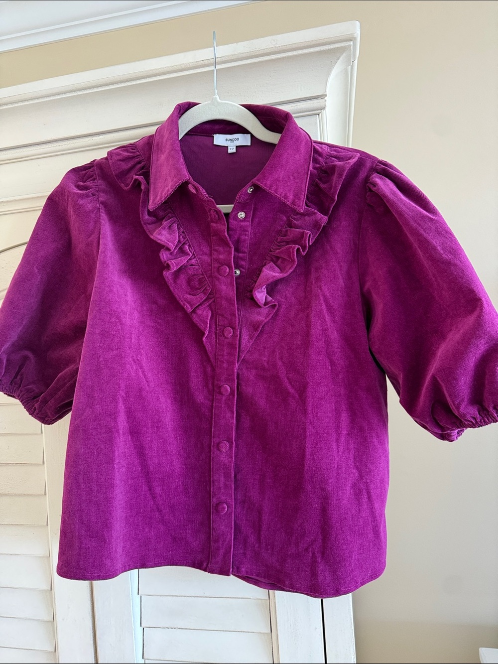 SUNCOO Corduroy Ruffle Button-Down Top in Deep Fuchsia